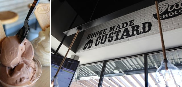 Split photo of a cup of custard and a white-brick wall inside Super Chix that has "house made custard" painted on  it. 