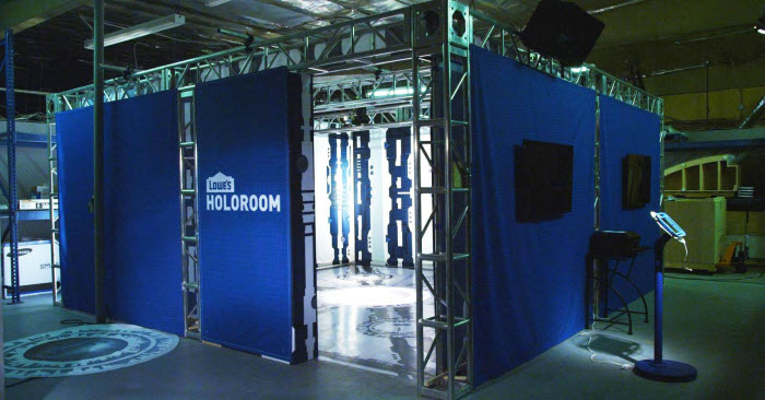Lowe's Holoroom, a square-shaped room with blue panels covering the outside. 