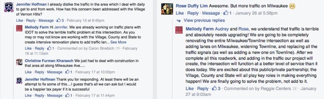 Facebook responses for negative traffic from Mellody Farm