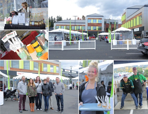 Collage of images from the event, including a woman offering free samples of food and event-goers posing for a photo. 