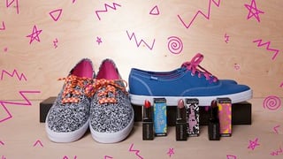 Two pairs of shoes inspired by the '90s, with different lipstick next to them and pink squiggly shapes drawing around everything. 