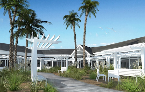 Digital rendering of Newland Center with a coastal makeover, with palm trees and white benches. 