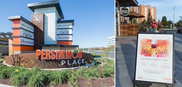 Split image of Persimon Place entrance signage and a Wine Stroll sandwich board outside a store.