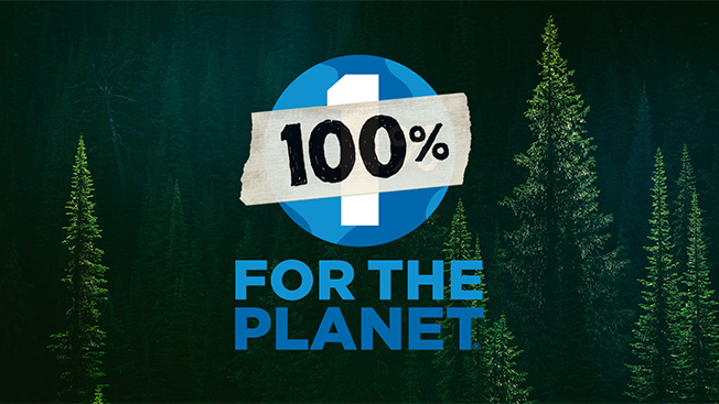 A logo that reads, "100% for the planet" with trees behind the logo.  