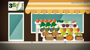 Illustration of a 365 Whole Foods Market storefront with a vegetable stand out front