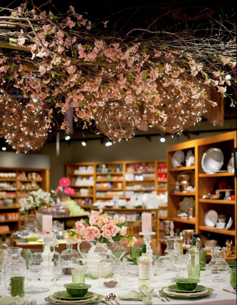 Cutlery, plates and cups on a table with store shelves in the background