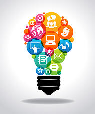 Graphic of a lightbulb with technology icons in colorful circles building out the shape of the lightbulb