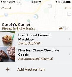 Screenshot of a Corbins Corner Starbucks mobile order featuring a grande iced caramel macchiato and flourless chewy chocolate cookie
