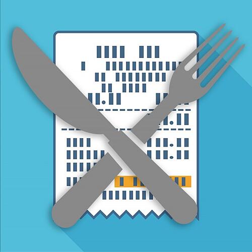 Graphic of gray fork and knife overlapping each other over a blue and white background with boxes in a white square