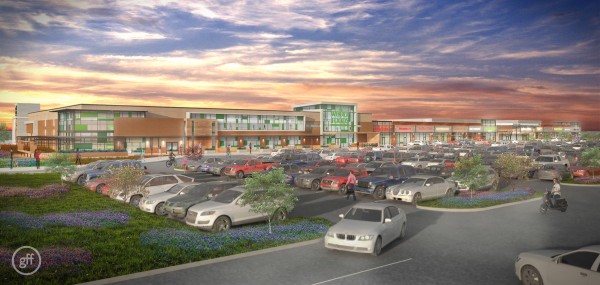Rendering of shopping plaza with Whole Foods Market at sunset