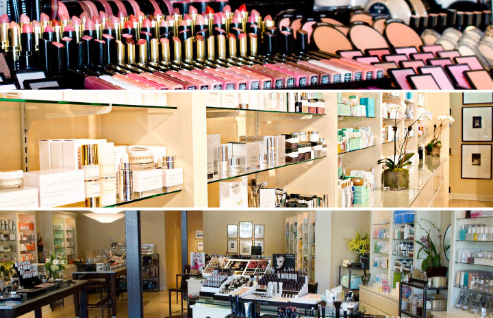 Collage of beauty products inside Woo Skincare + Cosmetics at Paces Ferry Plaza