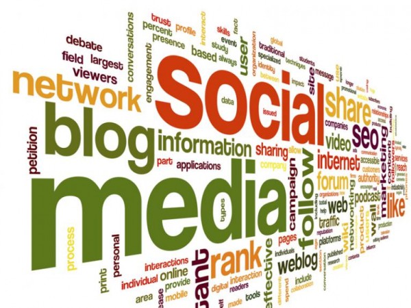 Social media marketing word cloud with the big words being social, media, blog, share, seo, network, follow, and like