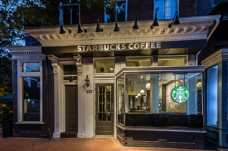 Starbucks storefront that looks like a neighborhood brownstone.