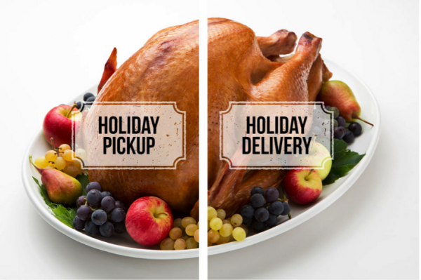 Holiday at Wagshals featuring a full turkey on a white plate with fruit surrounding it