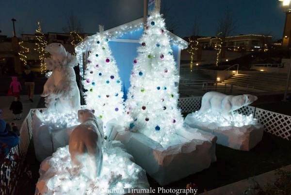 Display of polar bears and white christmas trees lit up at night with colorful ornaments