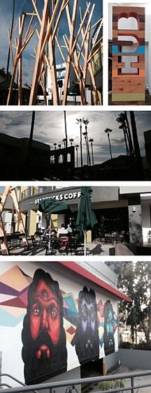 Collage of a HUB logo, a Starbucks storefront and a mural of three bearded faces