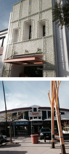 Architecture and a storefront with abstract sculpture 