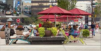 Outdoor lounging and patio area in busy city
