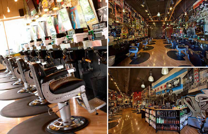 Floyds barber shop image collage of the hair cut chairs and front lobby area