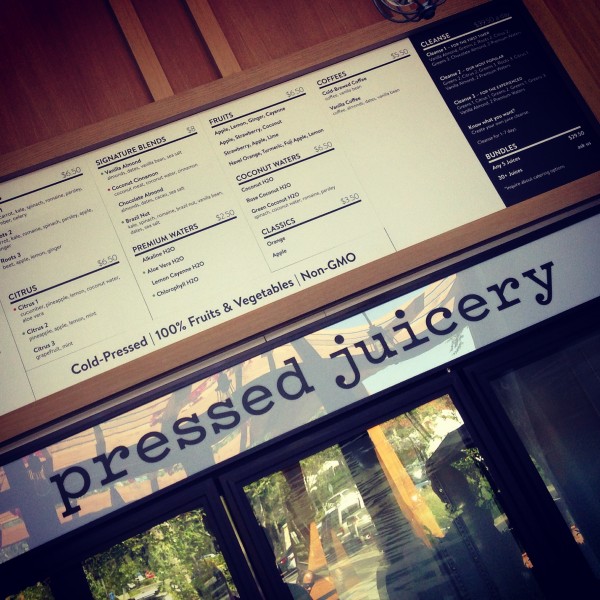 Pressed Juicery menu at the retail location