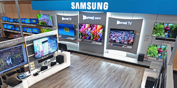 Elevated view of TVs on display in a Best Buy
