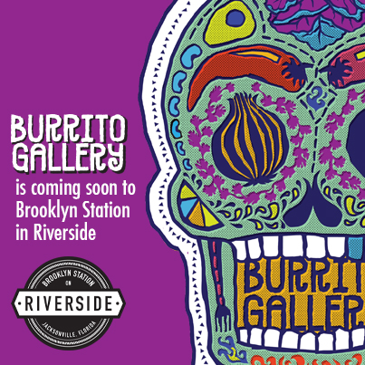 Image of the Burrito Gallery Mexican skull logo and an announcement of a new location at Brooklyn Station