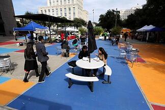 Houston Central Library outdoor plaza courtyard with colorful painted floors