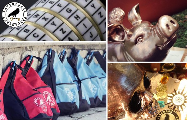 Photo collage of Ravenchase store items, including . backpacks, a gold skull and a bronze pig statue