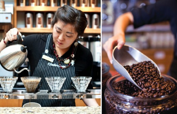Southern Season Coffee barista serving fancy coffee and close up of roasted beans