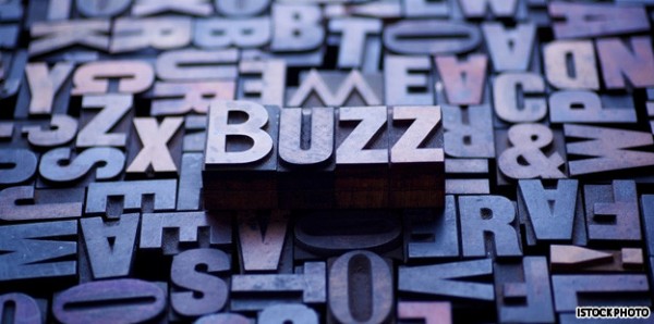 image of word "buzz" that stand out in 3d amongst other letters in gray purple colors