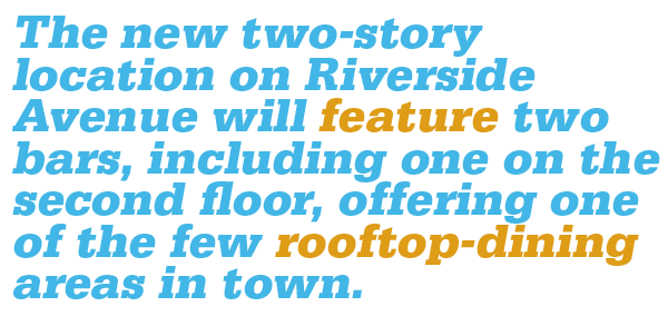 Quote reading "The new two-story location on Riverside Avenue will feature two bars, including one on the second floor, offering one of the few rooftop-dining areas in town."