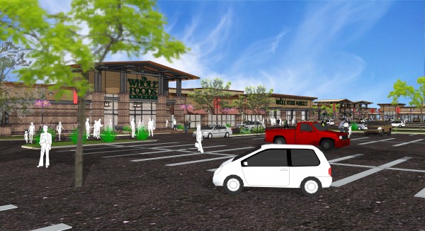 Rendering of a parking lot and Whole Foods Market in a new plaza