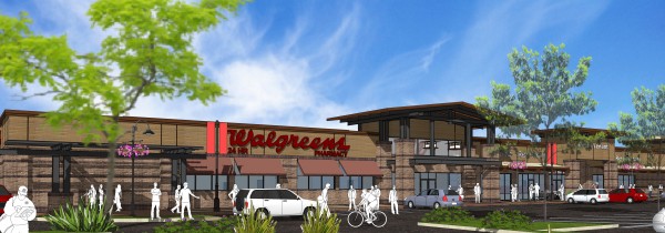 Digital rendering of a Walgreens store front in a plaza
