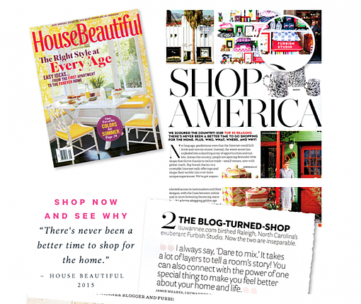 Collage of House Beautiful magazine with article clippings of Furbish Favorite Shop