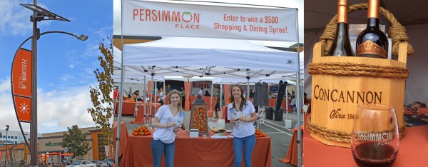 Collage of Persimmon pairing festival include a festival sign, a festival booth, and basket of wine
