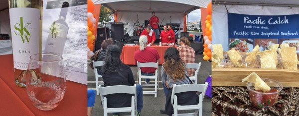Photo collage from Persimmon Pairing Festival featuring a wine glass, a live demonstration, and chips and salsa