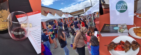 Photo collage from Persimmon pairing festival containing a glass of wine, festival overview of a row of booths, and a kebob