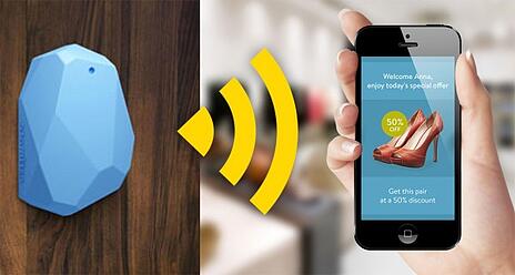Image of a blue smart beacon connecting to a cell phone to send an ad for 50% off shoes