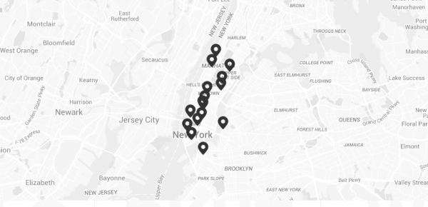 Map of New York City area with black pins to designate Soulcycle locations