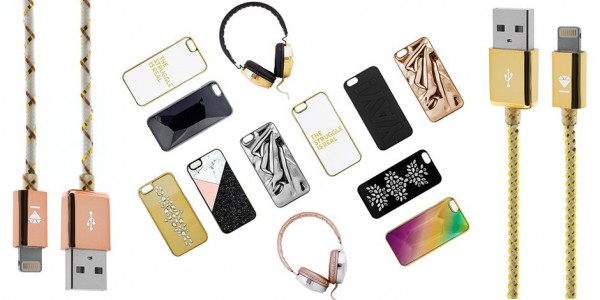 Display of tech accessories from baublebar with gold, pink, and black accents. collage features phone cords, headphones, and phone cases