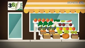 Illustration of a 365 Whole Foods Market storefront with a vegetable stand out front.