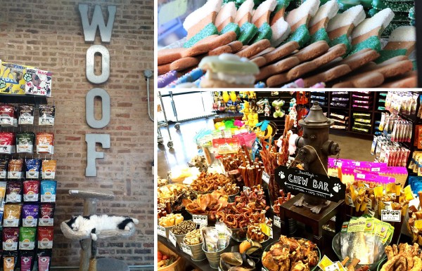 Collage of different dog treats and a sleeping cat in the store. 