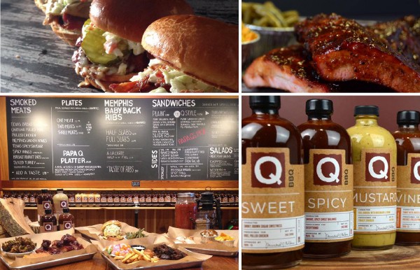 QBBQ photo collage of menu, bbq sauce options, and sliders