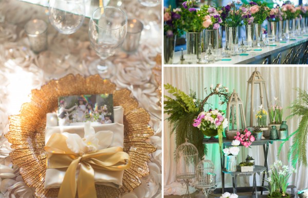 Luna Gardens photo collage of tablescapes featuring glassware, gold accents, flowers and plants