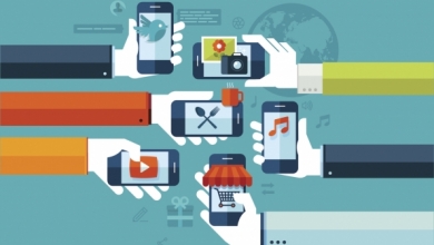 Illustration of multiple hands holding smartphones