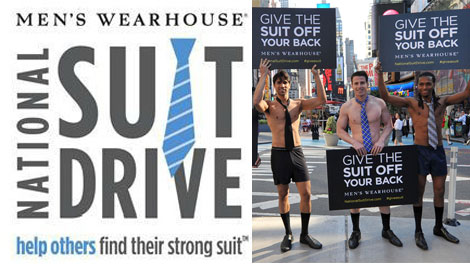 Men's Wearhouse Suit Drive logo and campaign of shirtless men with ties, shorts, and shoes on with signs that read "give the suit off your back"