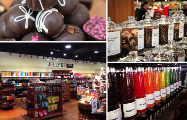 Collage of various candies sold, including chocolate and jelly beans. 