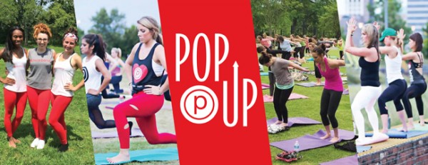 collage of women doing yoga outside with a "pop up" pure barre logo in red in the center of the collage