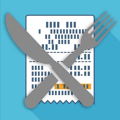 graphic of gray fork and knife overlapping each other over a blue and white background with boxes in a white square 