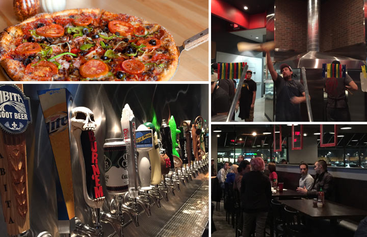 Collage of four images from restaurant Tomato Bar Pizza: a pizza with veggie toppings, a row of beer taps, and two photos showing the restaurant's sophisticated atmosphere